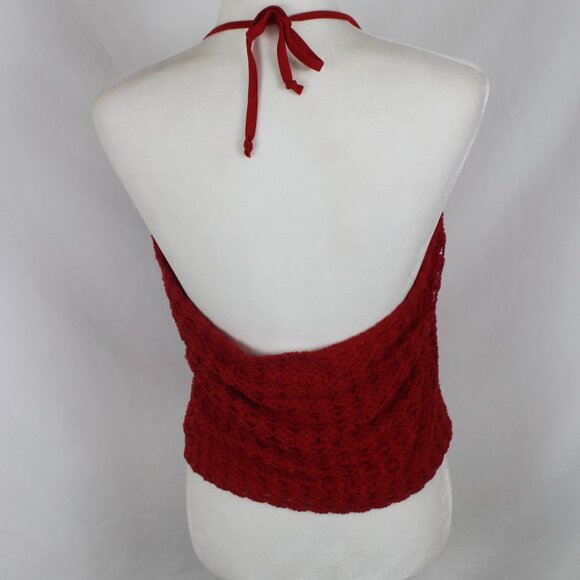 Vintage TWO ROADS Halter Tank Top Woman Size Large Red Lace Cropped Drawstring - Picture 6 of 9